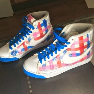 red and blue nike high tops
